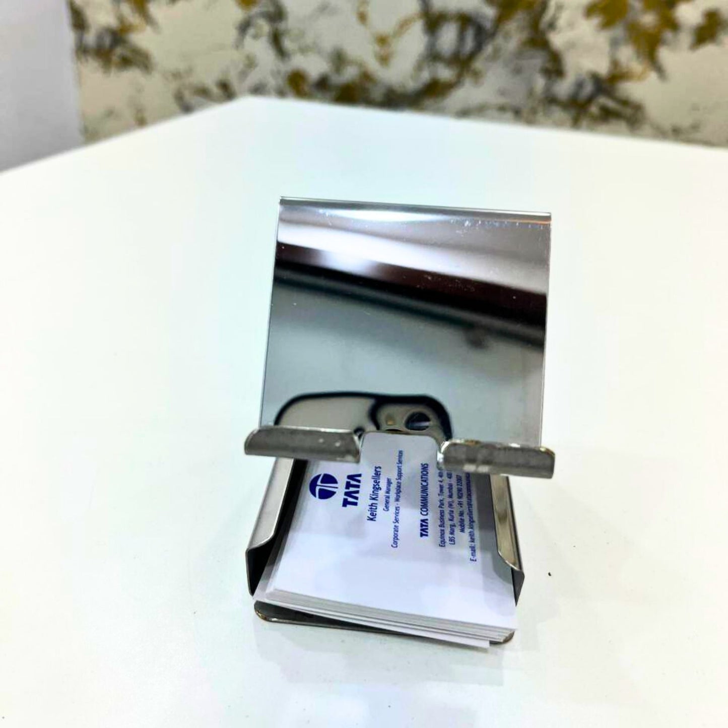 Stainless Steel Mobile Stand with Visiting Card Holder | Desk Phone Stand