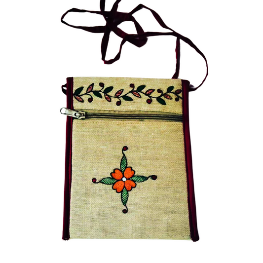 Minimal Floral Madhubani Sling Bag – Handcrafted Jute Zip Pouch | Elegant Mithila Folk Art