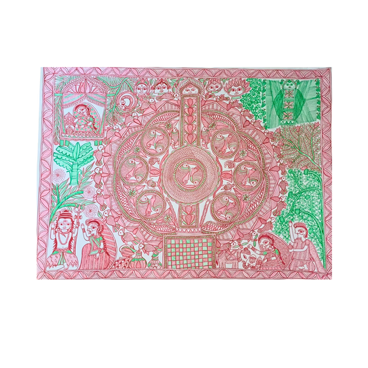 Handmade Mithila Painting – Kobar Design | Traditional Madhubani Wedding Art for Home & Gift