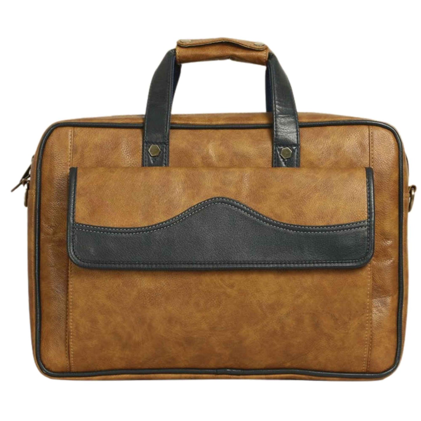 Premium Tan & Black Leatherette Laptop Office Bag for Men | Professional Briefcase with Front Flap Pocket & Padded Handles
