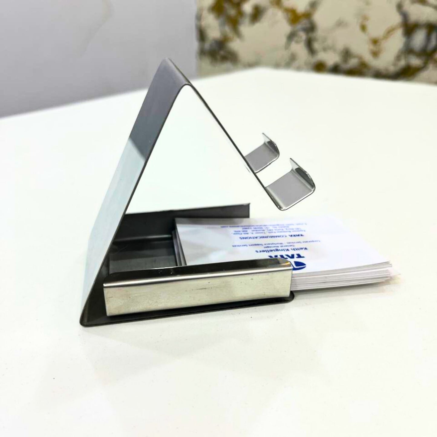 Stainless Steel Mobile Stand with Visiting Card Holder | Desk Phone Stand