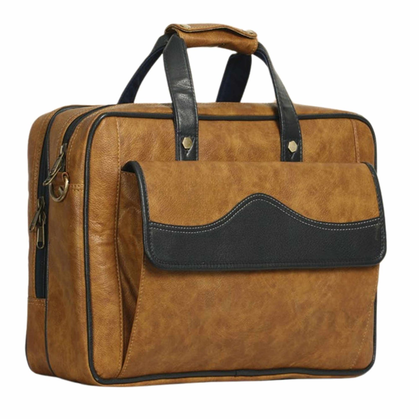 Premium Tan & Black Leatherette Laptop Office Bag for Men | Professional Briefcase with Front Flap Pocket & Padded Handles