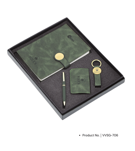 A premium corporate gift set that includes a card holder, pen, keychain, and diary. This customizable set offers a perfect balance of style and functionality, making it ideal for corporate gifting or special events.