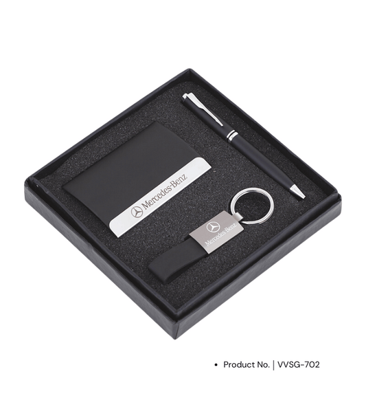 The Premium Gift Set (VVSG-702) featuring a card holder, keychain, and pen. This elegant corporate gift set includes a sleek card holder for business essentials, a stylish keychain for personal or professional use, and a high-quality pen designed for smooth, effortless writing. Perfect for corporate gifting, this set offers a blend of functionality and sophistication, making it a thoughtful and practical gift for clients, employees, or special occasions.