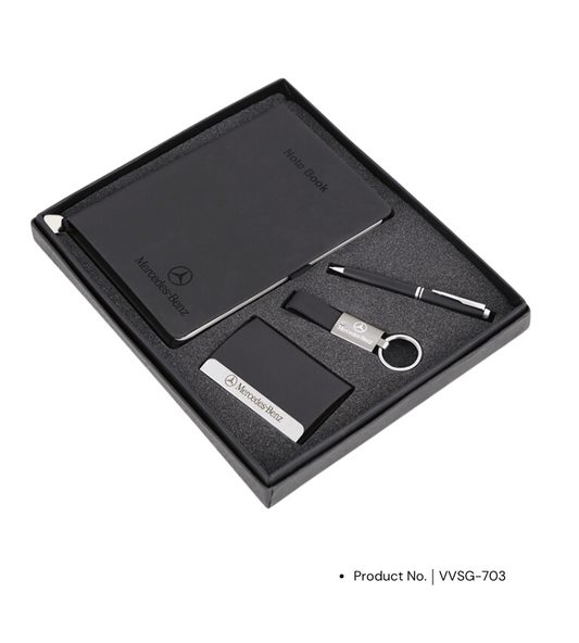 The Premium Gift Set (VVSG-703) for corporate gifting, featuring a card holder, keychain, pen, and diary. This elegant set includes a stylish card holder for business cards, a sleek keychain, a high-quality pen for smooth writing, and a professional diary for organizing important notes and appointments. A perfect combination for corporate gifts, offering both practicality and sophistication for clients, employees, or special occasions.