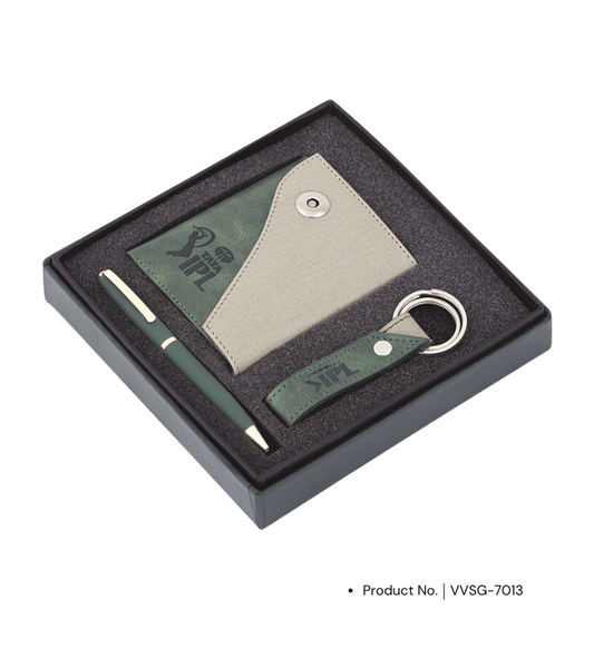 A premium corporate gift set featuring a pen, card holder, and keychain. This elegant and functional set is designed to leave a lasting impression, making it the perfect choice for corporate gifting, showcasing both style and professionalism.