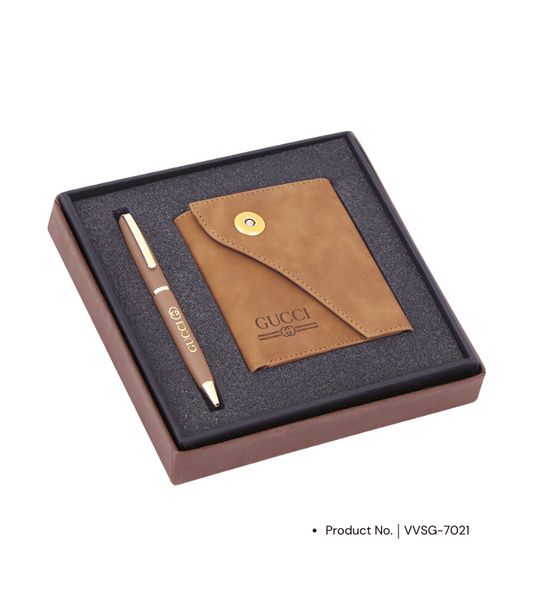 A premium gift set featuring a pen and wallet, both customizable for corporate gifting. This sophisticated set offers a practical yet stylish combination, perfect for executives, employees, or clients. Personalization options allow for a unique touch, making it a memorable and thoughtful gift choice.