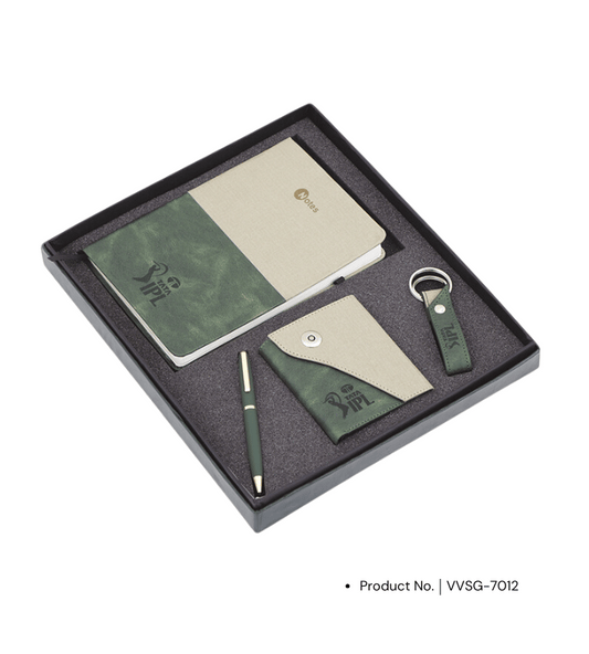 A premium gift set featuring a pen, diary, card holder, and keychain, designed for sophisticated corporate gifting. This elegant combination of practical items makes for an ideal and thoughtful gift, showcasing both professionalism and style for clients and employees alike.