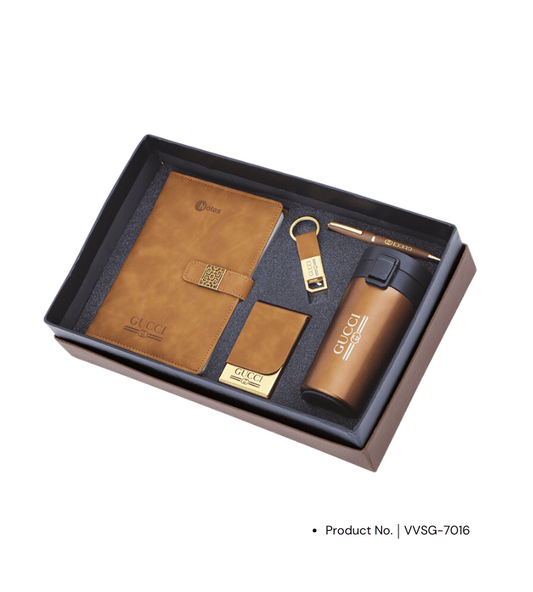 A premium gift set featuring a pen, keychain, sipper, diary, and card holder, offering a complete and elegant corporate gifting solution. This versatile set combines practicality and sophistication, making it ideal for business events, client gifts, or employee appreciation. Perfect for adding a personalized touch to any professional occasion.