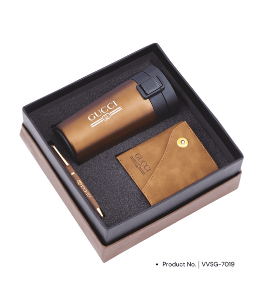 A premium gift set that includes a pen, sipper, and wallet, ideal for corporate gifting. This sophisticated combination is designed to offer both style and functionality, making it a perfect choice for impressing clients, employees, or business partners.