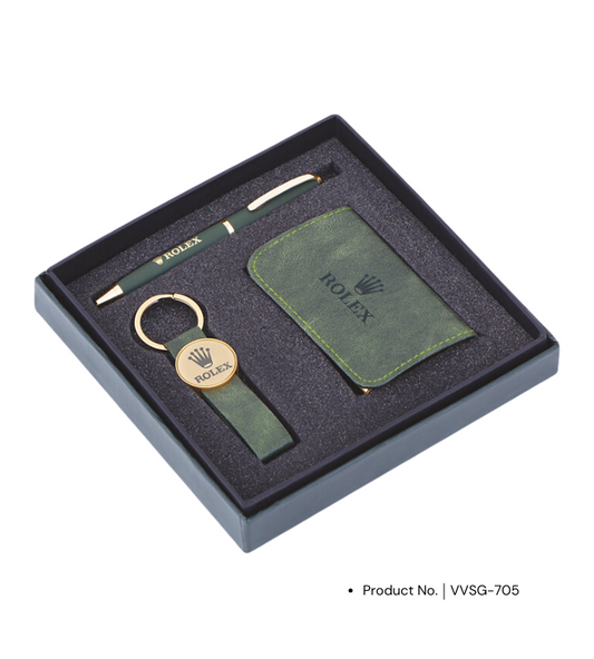 A premium corporate gift set featuring a stylish card holder, elegant pen, and sleek keychain, ideal for corporate gifting. The set is designed to offer a sophisticated and professional presentation, making it a perfect choice for business gifts.

Let me know if you need any further edits!