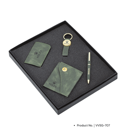 A premium corporate gift set featuring a card holder, pen, keychain, and wallet. This elegantly designed set is perfect for professional gifting, combining both practicality and sophistication. Ideal for corporate events, employee recognition, or client gifts.