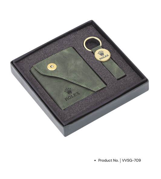 A premium corporate gift set featuring a card holder and keychain. This elegant and practical gift set is perfect for corporate gifting, combining style and functionality to leave a lasting impression on clients, employees, or business partners.