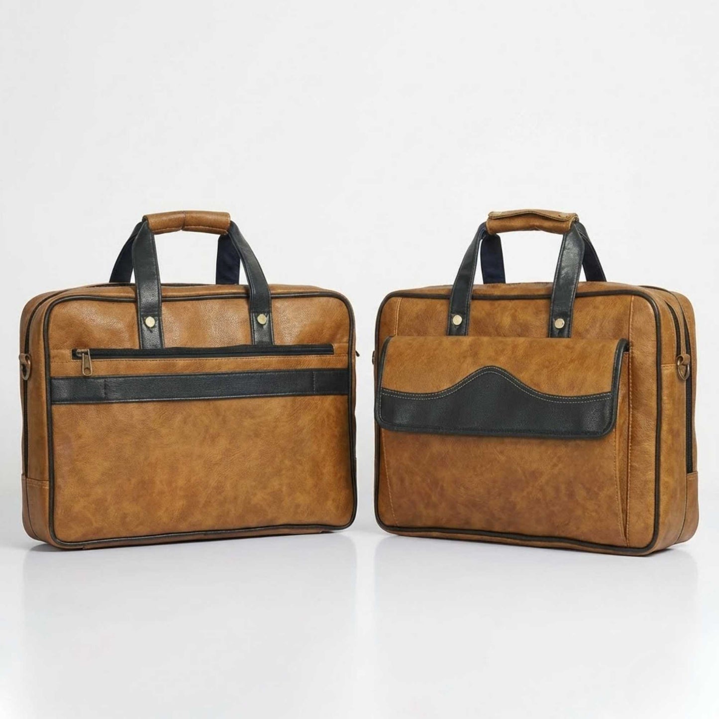 Premium Tan & Black Leatherette Laptop Office Bag for Men | Professional Briefcase with Front Flap Pocket & Padded Handles
