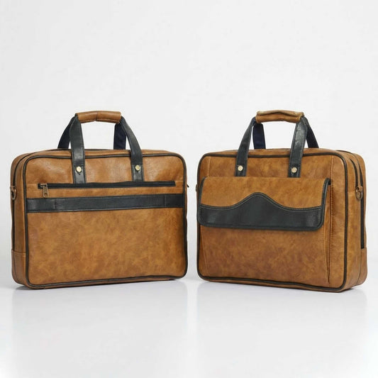 Premium Tan & Black Leatherette Laptop Office Bag for Men | Professional Briefcase with Front Flap Pocket & Padded Handles