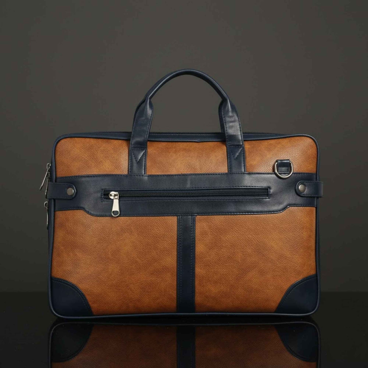 Premium Two-Tone Laptop Office Bag for Men & Women | Tan & Navy Leatherette Briefcase with Shoulder Strap | Professional Work & Travel Bag