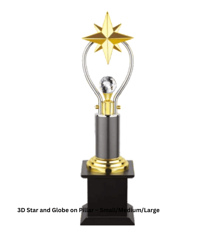 3D Star and Globe on Pillar Trophy – Gold/Silver | Custom Metal & Wood Award