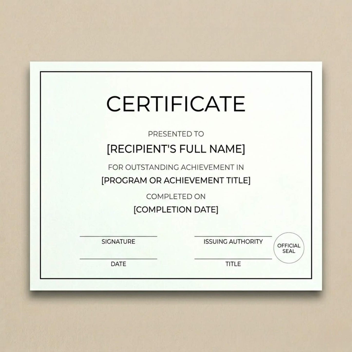 Professional achievement certificate – high-quality printed certificate for employee recognition, academic awards, and corporate appreciation programs.