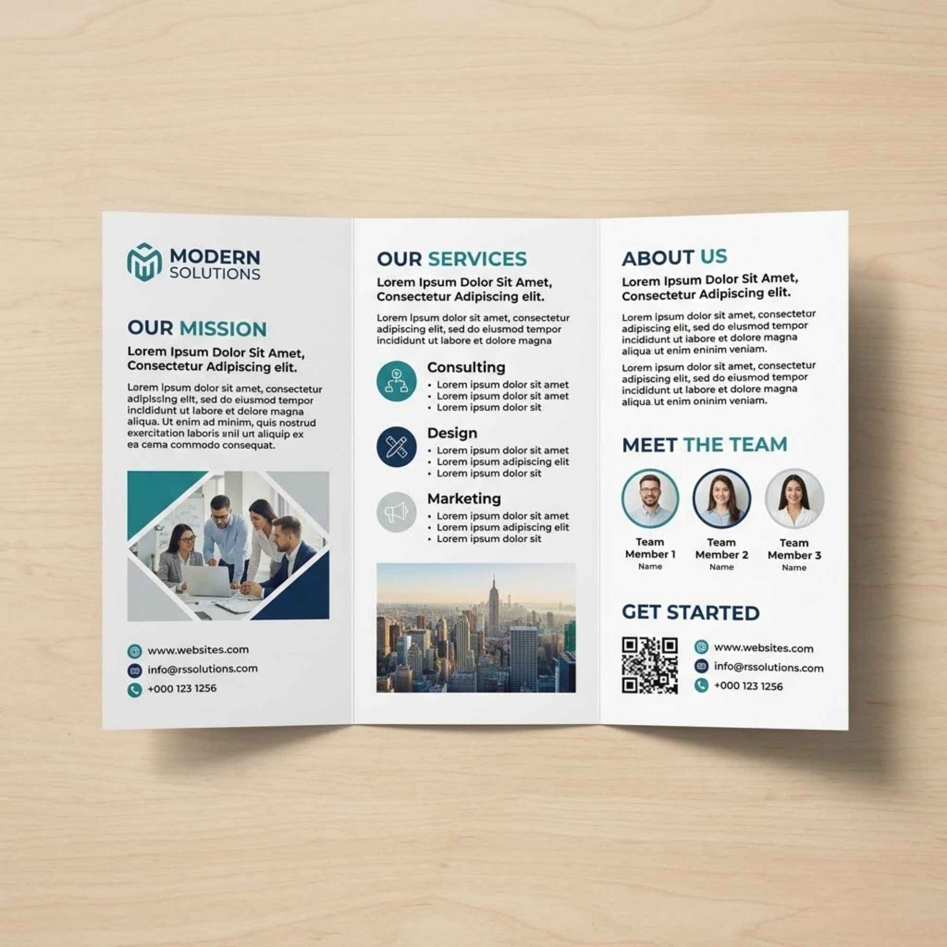 Professional tri-fold brochure open view – printed corporate brochure design for business marketing, product information, and company branding.
