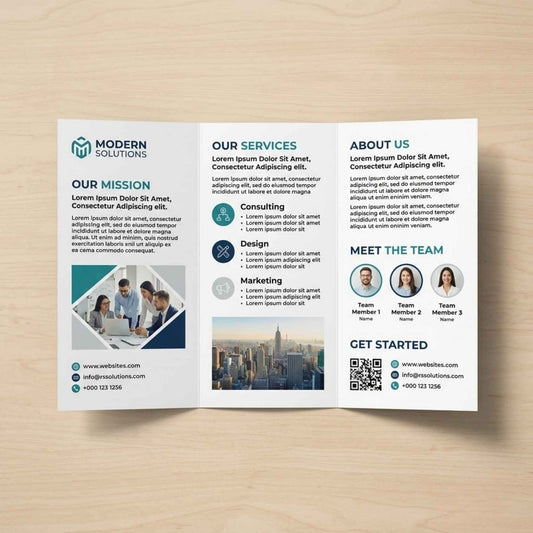 Professional tri-fold brochure open view – printed corporate brochure design for business marketing, product information, and company branding.