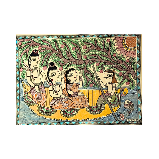 Ram, Sita, Lakshman aur Nishadraj ki Naav Yatra – Handmade Madhubani Mithila Painting | Framed Traditional Wall Art for Home & Gift