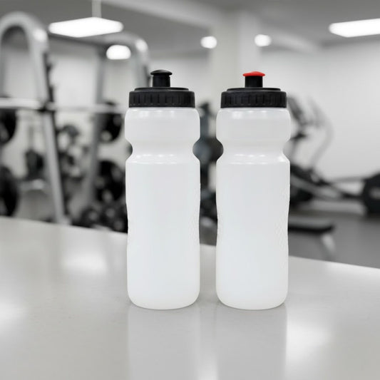 White sports water bottle with sipper cap, gym hydration bottle for workouts and outdoor activities.