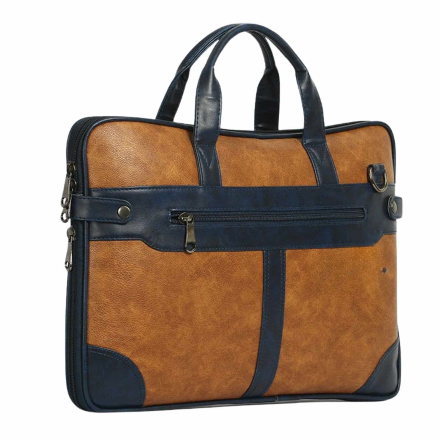 Premium Two-Tone Laptop Office Bag for Men & Women | Tan & Navy Leatherette Briefcase with Shoulder Strap | Professional Work & Travel Bag