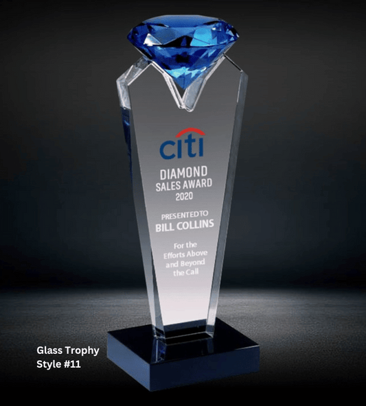 Custom Glass Trophy | Transparent with Blue Diamond Accent