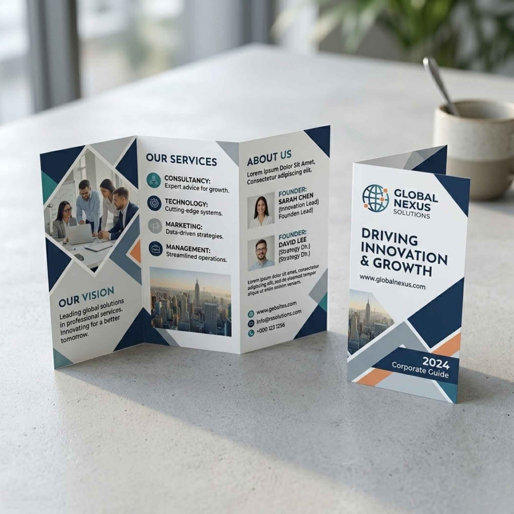 Tri-fold corporate brochure printing – professional marketing brochure for business branding, product information, and promotional campaigns.