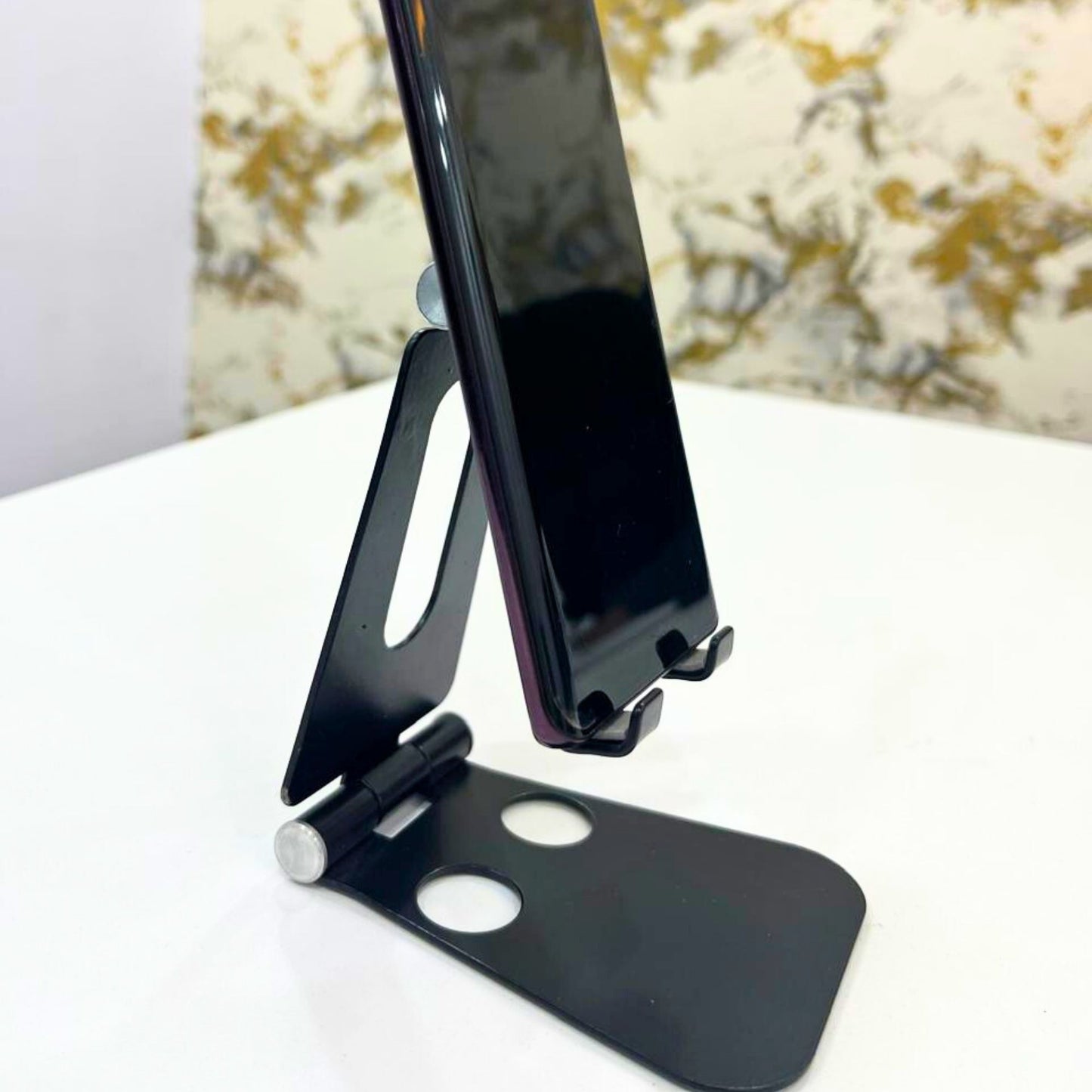 Black Metal Mobile Stand for Desk | Foldable Adjustable Phone Holder for Office & Home