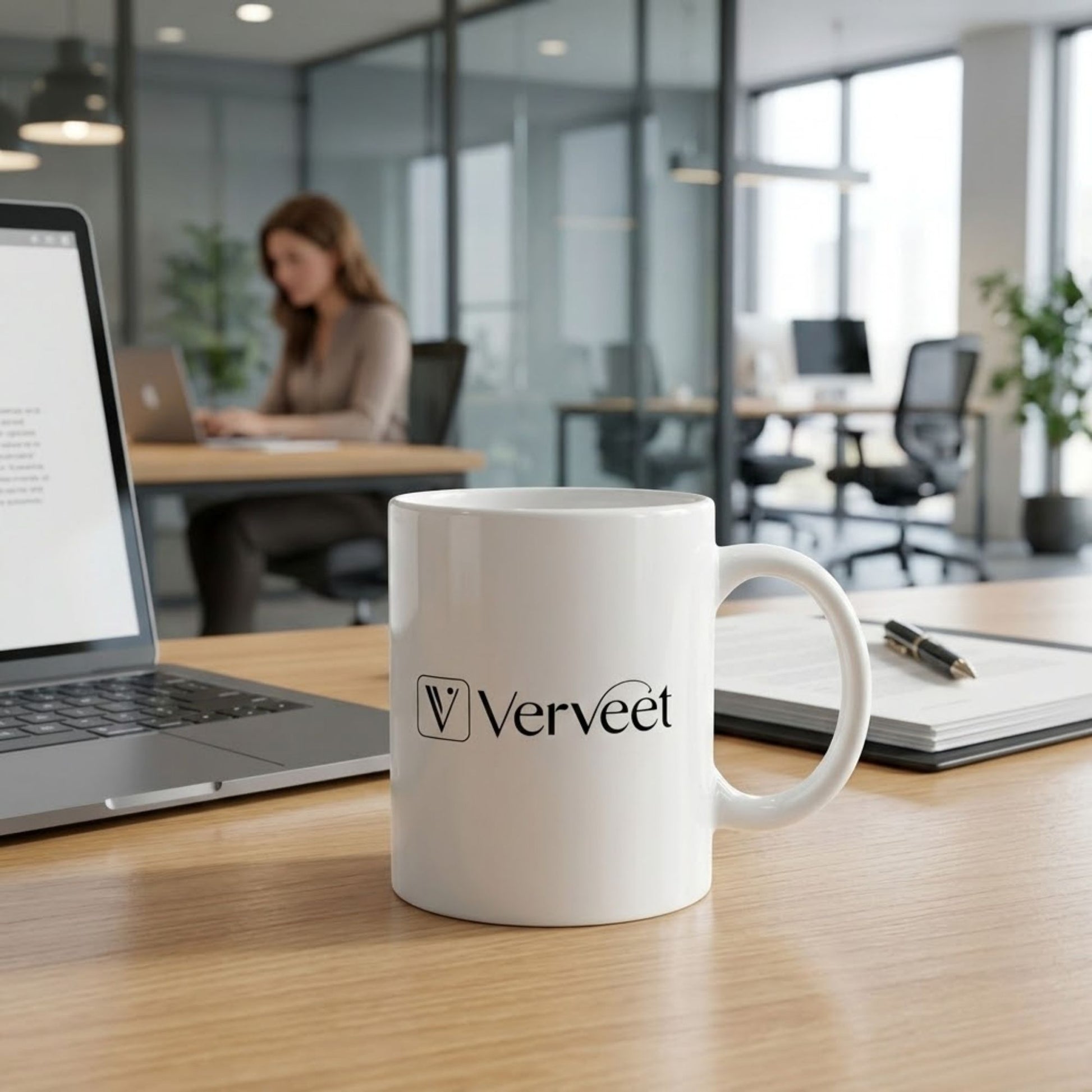 Verveet customized white ceramic mug with logo printing – premium corporate branding coffee mug for promotional gifts and office use.