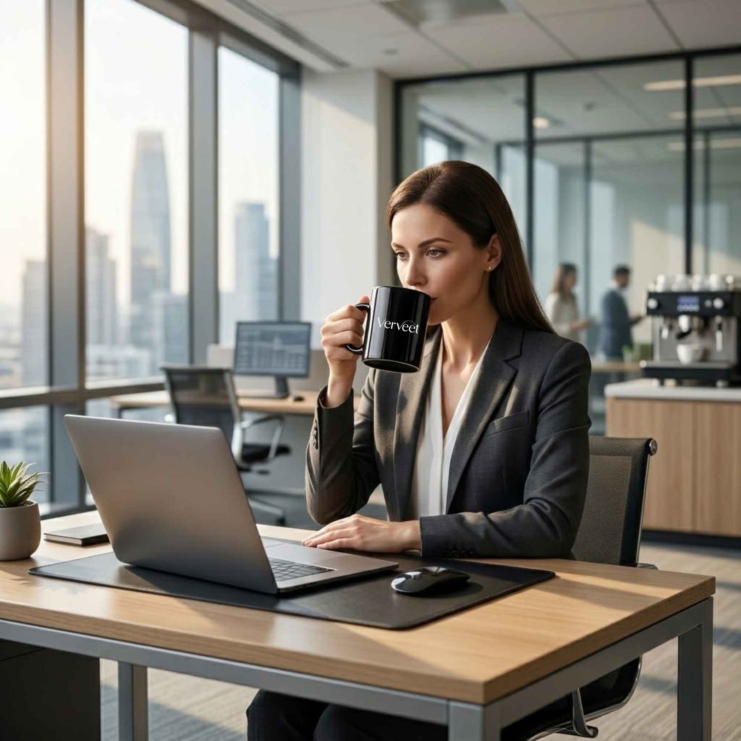 Verveet logo printed black coffee mug – customized ceramic mug for corporate branding, office use, and promotional gifting.