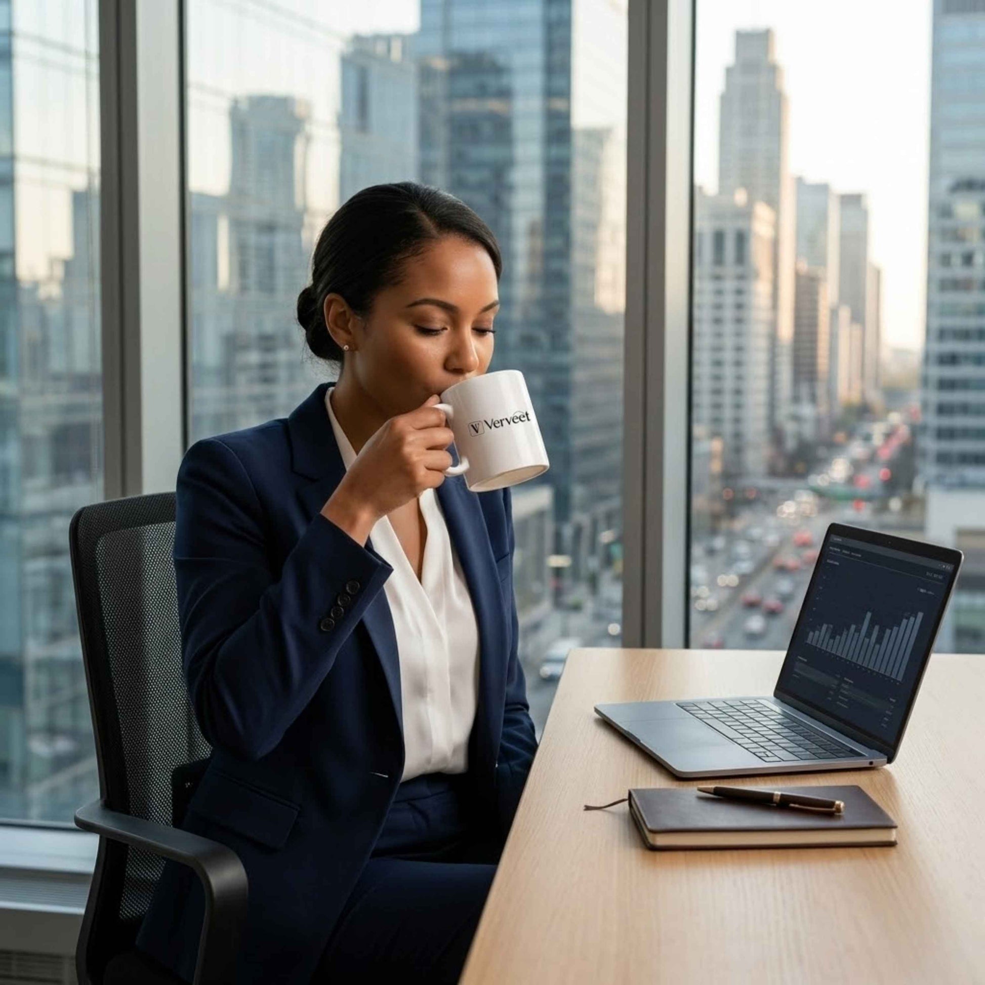 Verveet logo printed ceramic coffee mug – customized corporate branding mug for promotional gifts and office use.