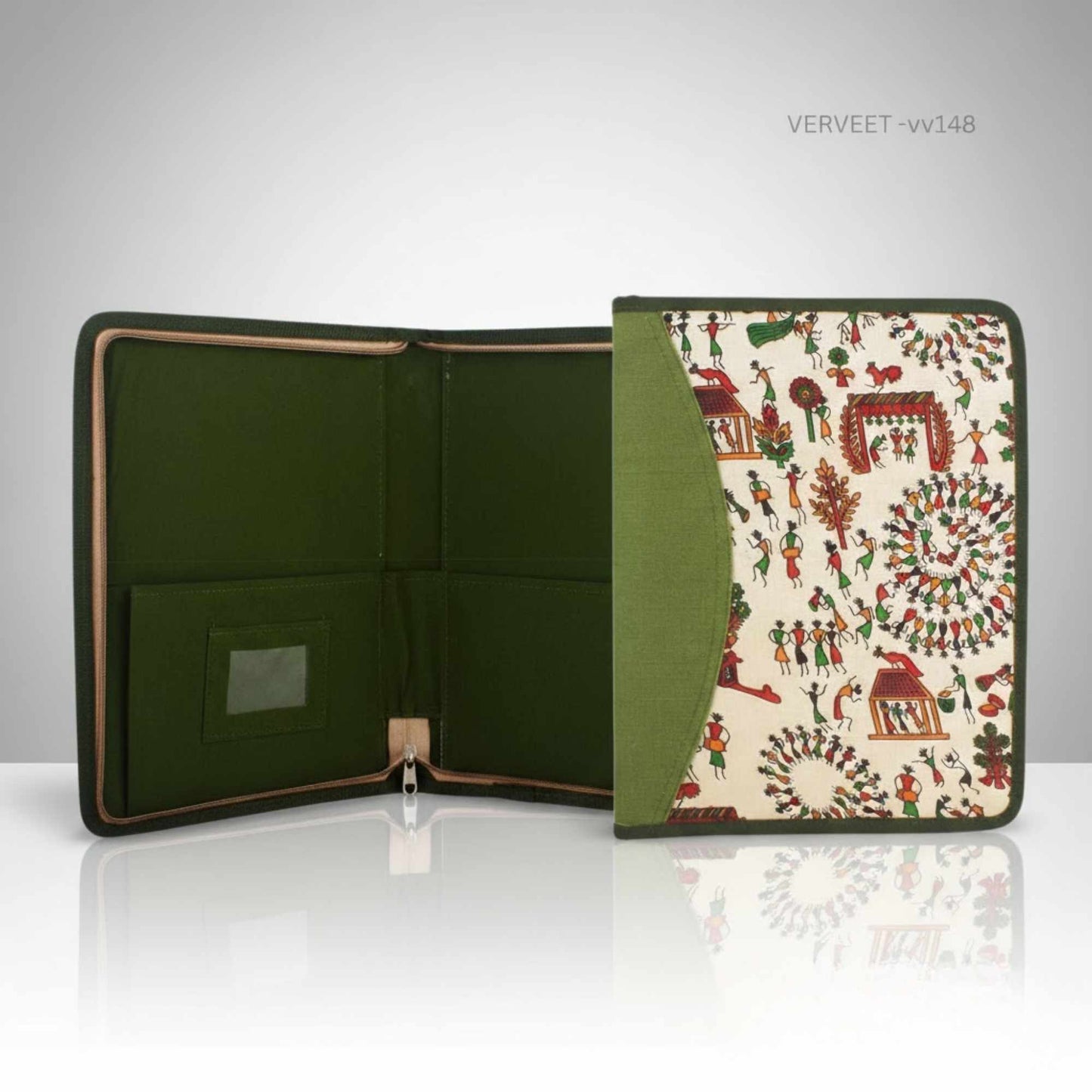 Warli art fabric file folder with zipper front, handcrafted document organizer for office use and eco-friendly corporate gifting