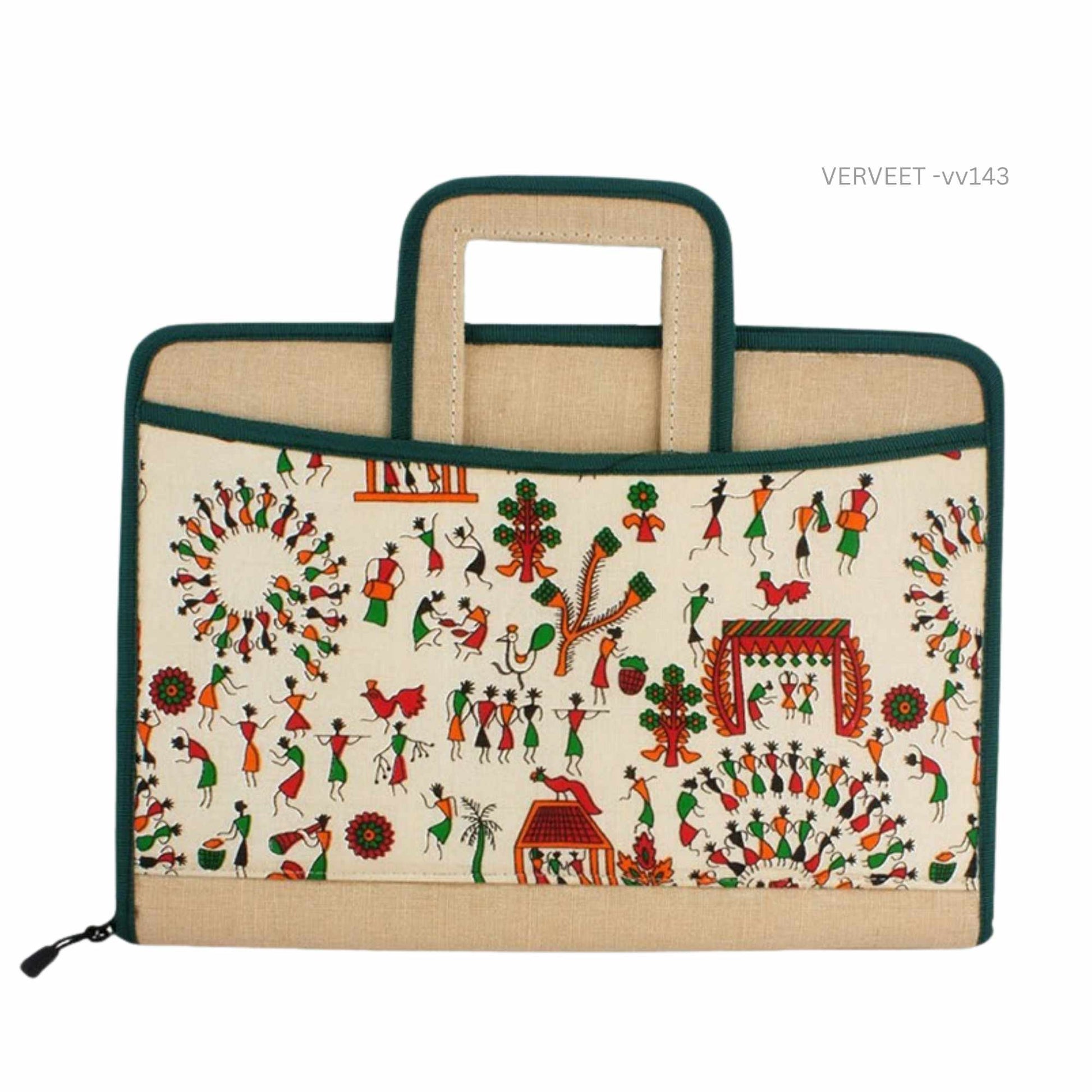 Warli painting jute document bag with handle, eco-friendly office bag with traditional Indian art design