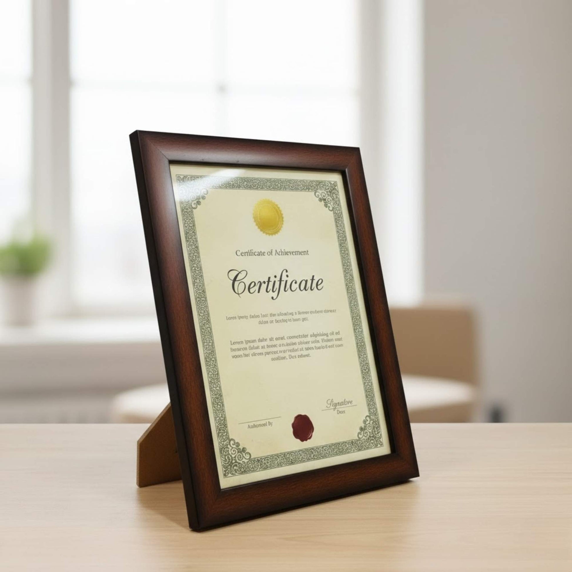 Wooden certificate frame with stand for displaying awards, documents, and office achievements
