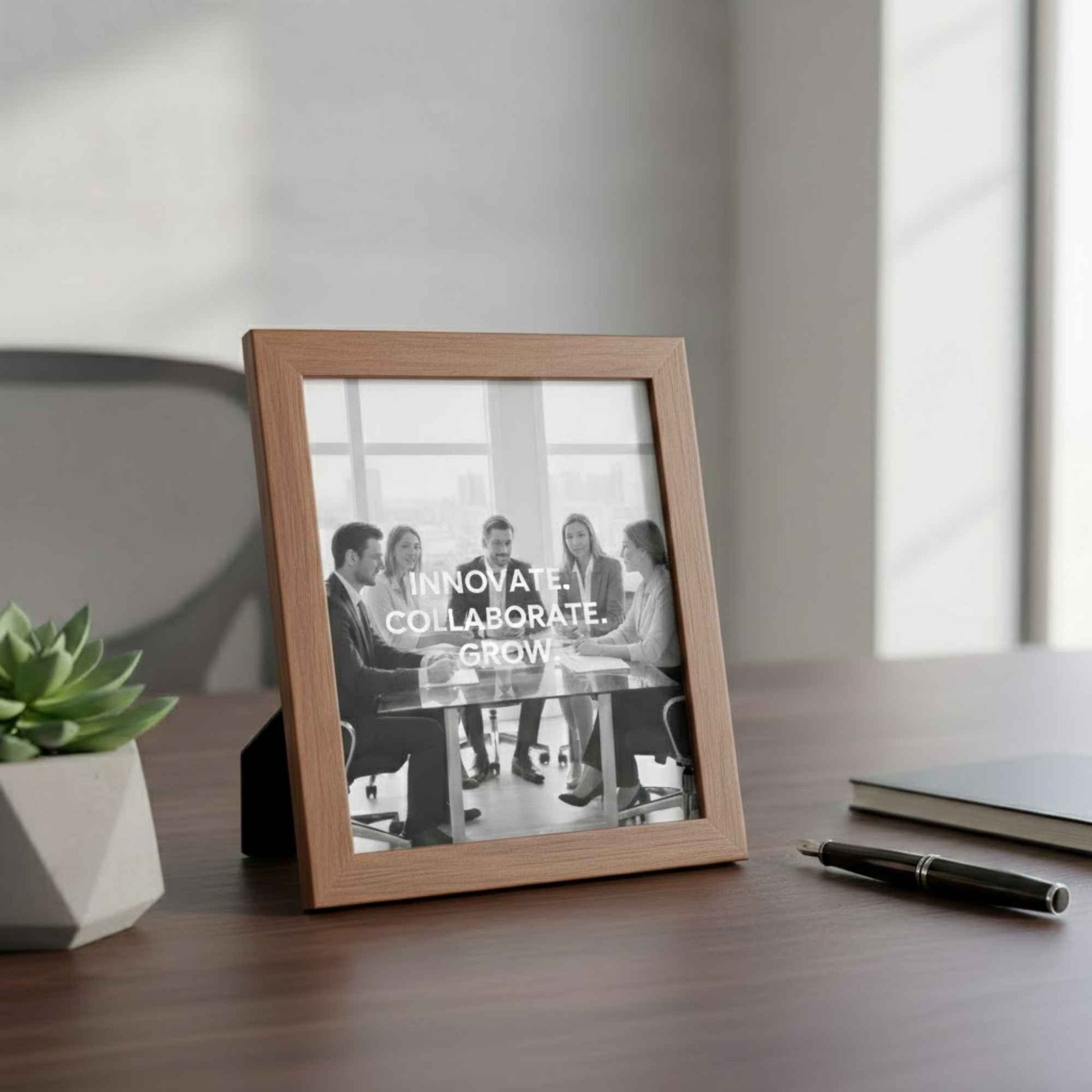 Wooden desk photo frame display for certificates, photos, and office recognition awards